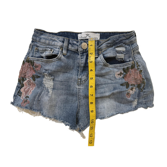 Almost Famous Shorts Womens 3 Blue Denim High Rise Embroidered Distressed Floral - Picture 6 of 7